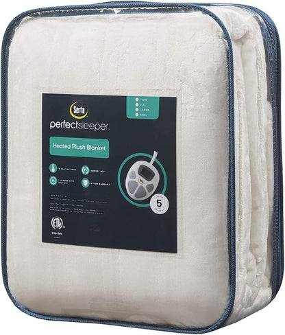 Serta Luxuriously Soft Plush Electric Blanket Fast Heating Cozy Cover, Safety Auto Shut Off Timer, Low EMF, Multi Heat Setting, ETL Certified, Machine Washable, Ivory Queen (90 in x 84 in)