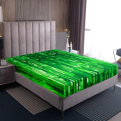 Pixel Foil Kids Full Size Fitted Sheet,Geometric Plaid Gamepad Room Decor,Pixelated Check Patchwork Boys Girls Bed Sheets,Green Bedding Set,2 Pillowcases(No Flat)