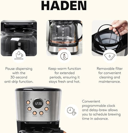 Haden Coffee Machine, 12 Cup Programmable Drip Coffee Maker with Auto Shut-Off Function and Reusable Washable Water Filter, Steel & Copper