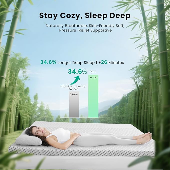 Bamboo Mattress Topper Twin XL Size 3 Inch, Cooling Gel & Bamboo Charcoal Memory Foam Mattress Topper for Back Pain Relief, Firm Dual-Layer Foam Bed Pad with Removable Cover College Dorm
