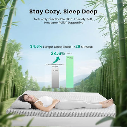 Bamboo Mattress Topper Twin XL Size 2 Inch, Cooling Gel & Bamboo Charcoal Memory Foam Mattress Topper for Back Pain Relief, Firm Dual-Layer Foam Bed Pad with Removable Cover College Dorm