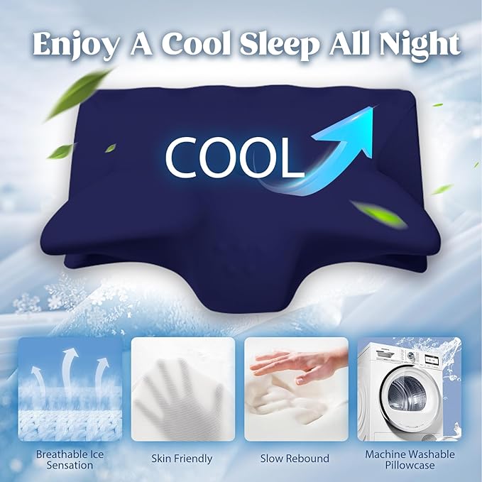 Cervical Pillow for Neck Pain Relief, Cooling Contour Memory Foam Pillows Support Odorless Ergonomic Neck Pillow Adjustable Orthopedic Bed Pillow for Side Back Stomach Sleeper with Pillowcase,Navy