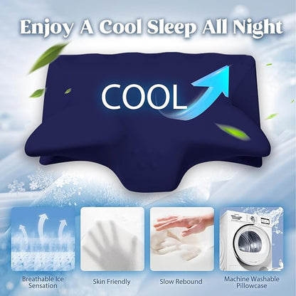 Cervical Pillow for Neck Pain Relief, Cooling Contour Memory Foam Pillows Support Odorless Ergonomic Neck Pillow Adjustable Orthopedic Bed Pillow for Side Back Stomach Sleeper with Pillowcase,Navy