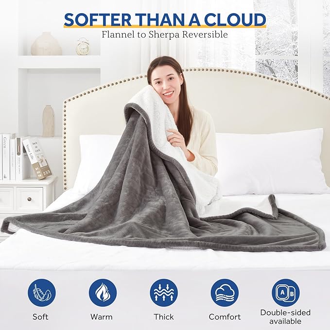 Sealy Heated Blanket Throw with Built-in Button Controller, Reversible Flannel to Sherpa Electric Blanket with 2-10 Hours Auto-Off & 4 Heating Levels, Over-Heat Protection, 50x60 inch, Light Grey