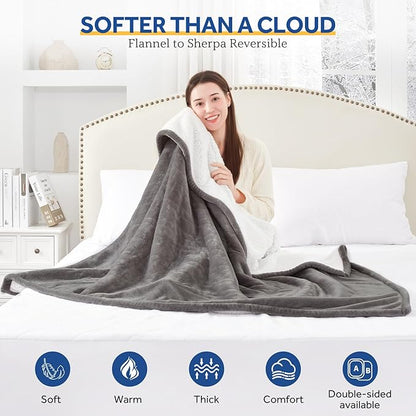 Sealy Heated Blanket Throw with Built-in Button Controller, Reversible Flannel to Sherpa Electric Blanket with 2-10 Hours Auto-Off & 4 Heating Levels, Over-Heat Protection, 50x60 inch, Light Grey