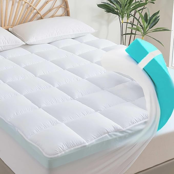 Memory Foam Mattress Topper King 2inch+2inch, Pressure-Relieving Bed Topper with Secure Strap Design for Back Pain, Soft and Supportive, Shredded Memory Foam