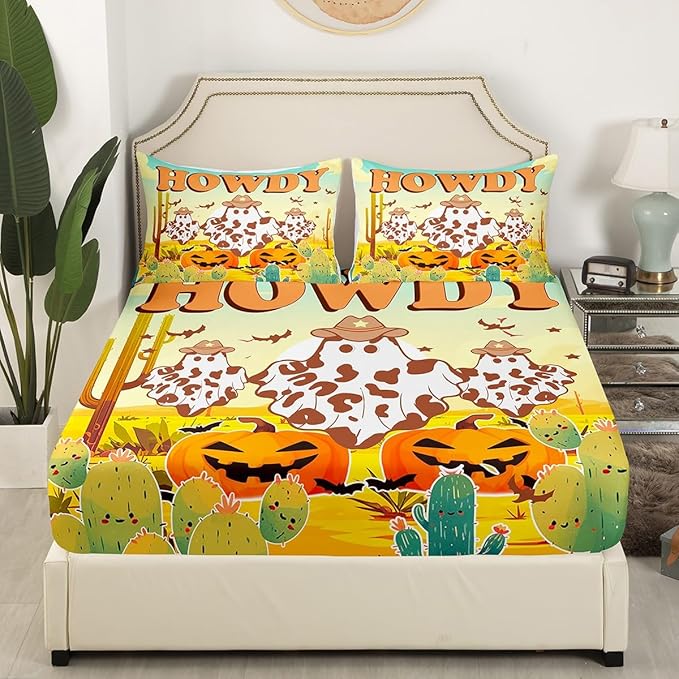 Western Ghost Fitted Sheet,Rustic Desert Cactus Pumpkin Graffiti Sheet Set for Adults Ultra Soft Room Gift,Retro Cowboy Hat Halloween Cute Ghost Bedding Set with 2 Pillowcases,Queen Size