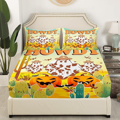 Western Ghost Fitted Sheet,Rustic Desert Cactus Pumpkin Graffiti Sheet Set for Adults Ultra Soft Room Gift,Retro Cowboy Hat Halloween Cute Ghost Bedding Set with 2 Pillowcases,Queen Size