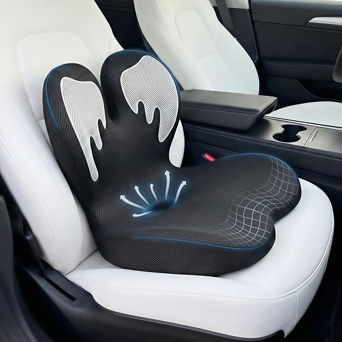 Trucker Seat Cushion, Car Seat Cushion Memory Foam Ergonomic Lumbar & Tailbone Support Pillow for Hemorrhoid, Coccyx & Sciatica Relief, for RV, SUV, Office Chair, Wheelchair (White Wings)