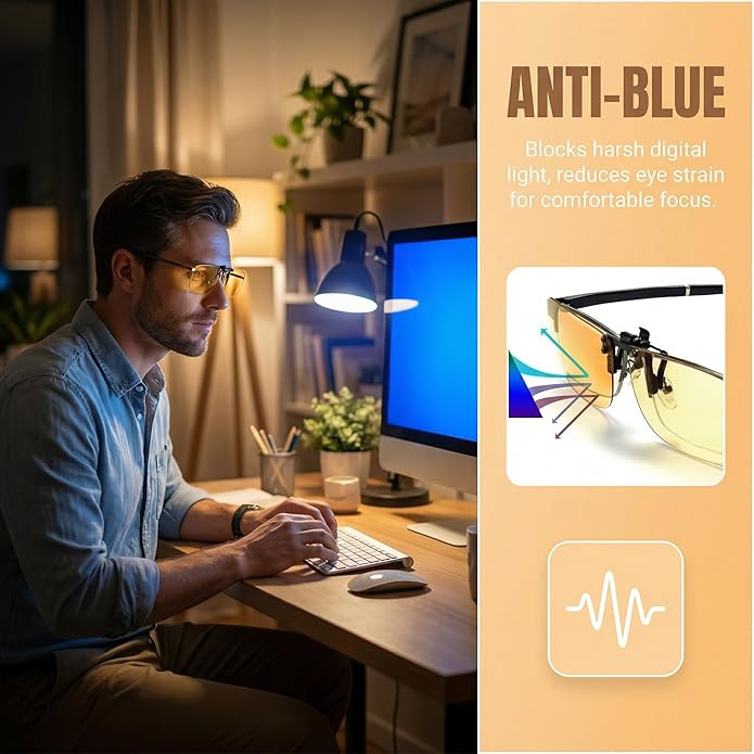PSI Premium Blue Light Blocking Clip On Prescription Glasses, Relief Eye and good for sleep