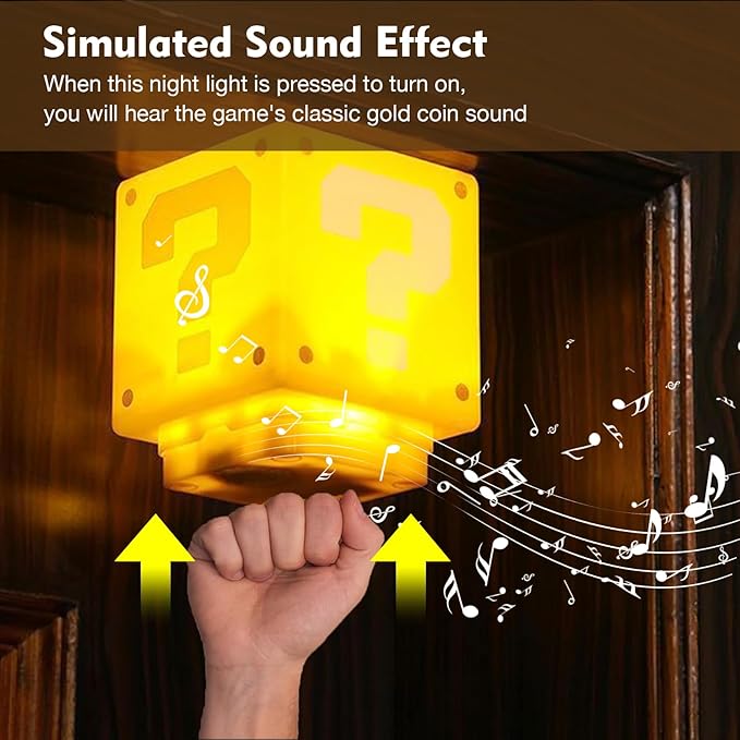 TLAOTNIY Super Bros Mini Question Block Night Lights - USB Powered Bedside Lamp with Game Sound Effects - Gift for Friends & Fans (2Pack)
