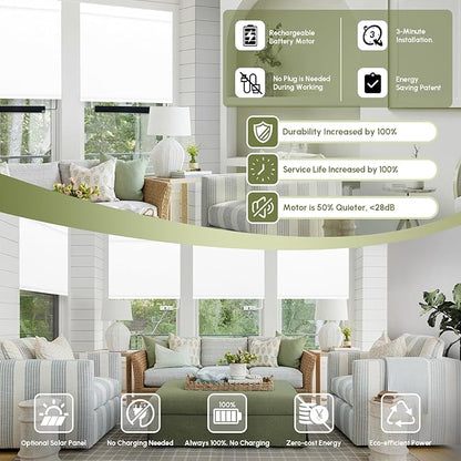 FineTell Motorized Blinds with Remote, 100% Blackout Roller Shades Compatible with Alexa,Apple Homekit,Google Home APP and Voice Control, Customized Electric Blinds (100% Blackout Vinyl White)