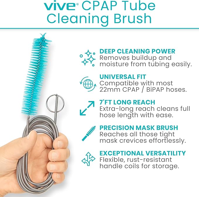 Vive CPAP Tube Cleaning Brush - Stainless Steel Cleaner for Mask and Pipe - Wire Bristle Solution - for 7 Foot Hose and 22 mm Diameter - Portable, Flexible and to Easily Clean Standard Tubing Kit