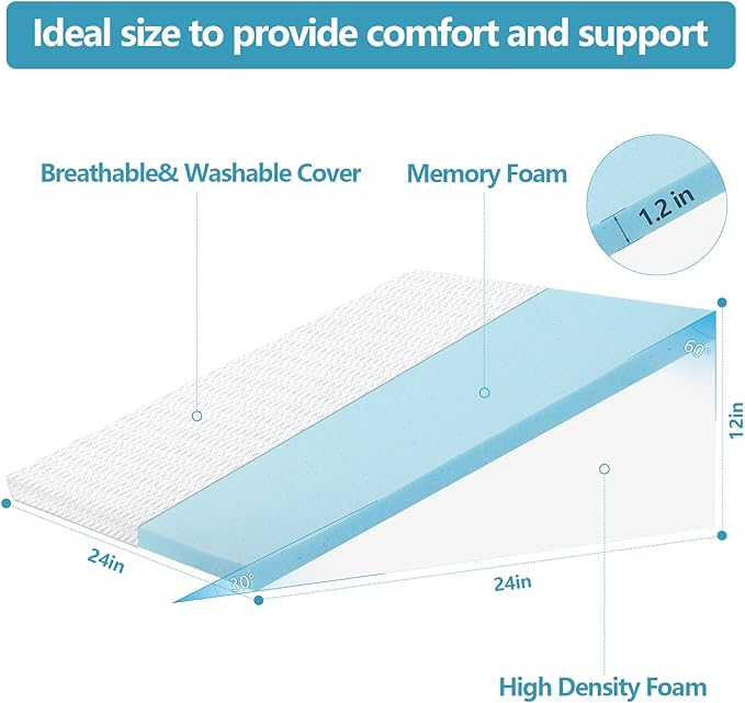 Wedge Pillow for Sleeping & Resting, 24"x24"x12" Memory Foam Cushion with Grey White Patterned Polyester Cover, Ideal for Bedroom & Living Room – Comfortable Support for Adults
