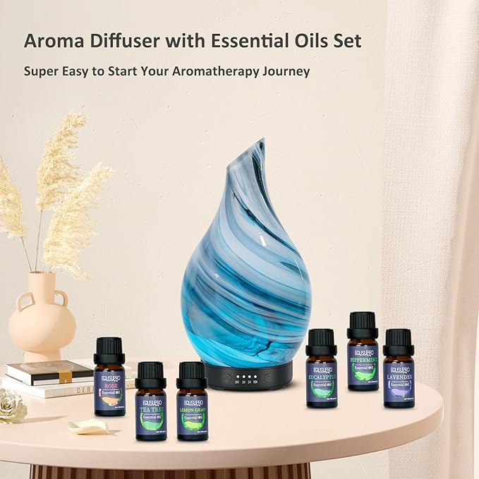 Oil Diffuser & Essential Oils Set - Aromatherapy Diffuser with 6 Essential Oils Set, Ultrasonic Cool Mist Oil Diffusers for Essential Oils, 4 Timer & 7 LED Light, with Auto Shut-Off Protection Gifts