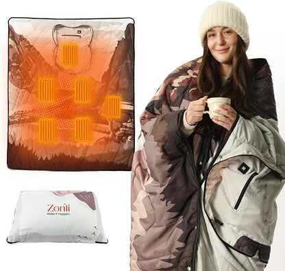 ZonLi Heated Blanket Battery Operated, Wearable Portable Electric Blanket with Rechargeable Battery, 50"x60" Cordless Heated Blanket, Waterproof, Machine Washable(Mountain-Water Print)