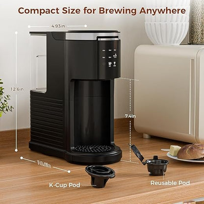 Single Serve Coffee Maker, 2 in 1 Coffee Machine for K-Cup & Ground Coffee, 6 to 14oz Brew Sizes, Pod Coffee Makers with 40oz Removable Water Reservoir, LCD Screen, Self-cleaning, Black