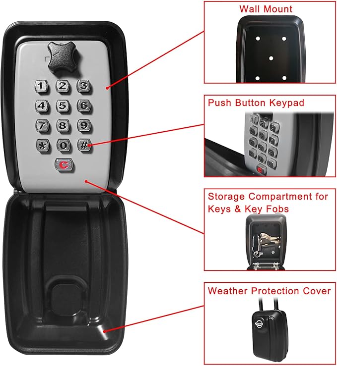 Push Button Lock Box,Outdoor Wall Mounted Key Storage Box with 10-Digit Keyboard Resettable Code,Protective Shell for Outside Weatherproof,Large Capacity,for Home,Outdoor