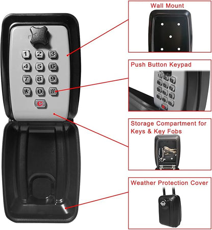 Push Button Lock Box,Outdoor Wall Mounted Key Storage Box with 10-Digit Keyboard Resettable Code,Protective Shell for Outside Weatherproof,Large Capacity,for Home,Outdoor