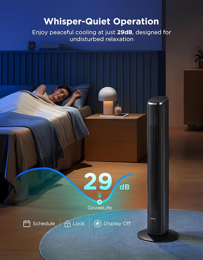 GoveeLife Black Tower Fan for Bedroom, 36" Smart Floor Fan with App/Voice Control, Temperature Sensor, 5 Modes 8 Speeds(25ft/s), 29dB Quiet Oscillating Fan for Office, 24H Timer, Auto Cooling
