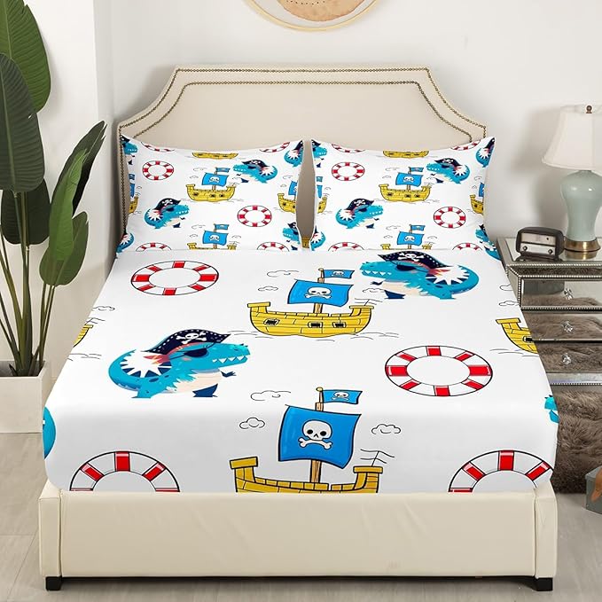 Dinosaur Captain Fitted Sheet Queen 3 Pcs,Boys Nautical Ship Dino Soft Microfiber Sheets Breathable Bedding,Kawaii Animals Watercolor Ocean Adventure Bedsheet with Deep Pocket