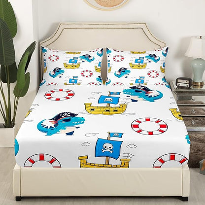 Dinosaur Captain Fitted Sheet Queen 3 Pcs,Boys Nautical Ship Dino Soft Microfiber Sheets Breathable Bedding,Kawaii Animals Watercolor Ocean Adventure Bedsheet with Deep Pocket