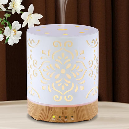 Essential Oil Diffuser for Home - 300ML Metal Aromatherapy Diffuser with Auto Shut-Off Protection & 4 Timers, Ultrasonic Humidifier with 7 Colors Lights for Large Room, Home Office Décor(White Flower)