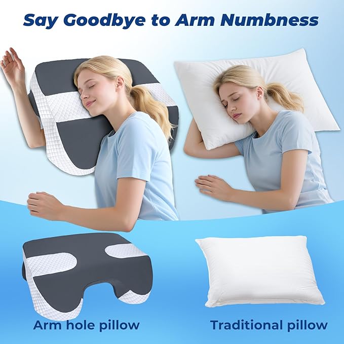 SAHEYER Side Sleeper Pillow with Arm Holes, 2 in 1 Shoulder Relief System for Rotator Cuff Pain, Memory Foam Pillow for Adults with 3 Arm Place Hole, Grey