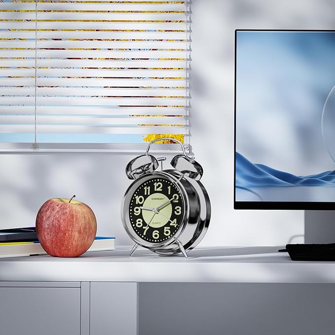 CHEREEKI Loud Alarm Clock for Heavy Sleepers Adults, Silent Non Ticking Analog Clock with Backlight, Luminous Dial, Battery Operated Alarm Clock for Bedroom, Included Battery, Silver
