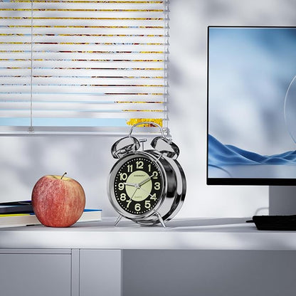 CHEREEKI Loud Alarm Clock for Heavy Sleepers Adults, Silent Non Ticking Analog Clock with Backlight, Luminous Dial, Battery Operated Alarm Clock for Bedroom, Included Battery, Silver