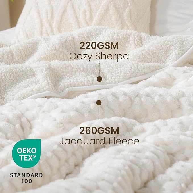 Drewin Weighted Blanket for Adults Queen Size 15lbs, Soft Cozy Turtleback Sherpa Weighted Blankets for Sleeping and Calming, Thick Bed Blanket for Couch Bed, 60 x 80 inches, Cream White