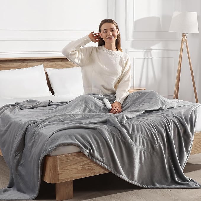 Heated Blanket Queen Size Electric Blanket 84''X90'' - Soft Plush Premium Flannel with Dual Controllers, 5 Heating Level & 10 Hour Auto Off, ETL & FCC Certified, Warm Gifts for Grandma, Grey