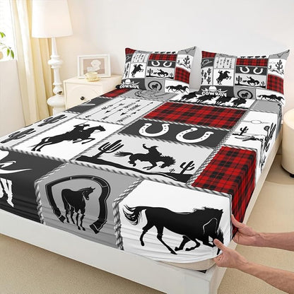 Rustic Farmhouse Horse Kids Sheet Queen Size,Western Cowboy Cactus Bedding Set,Boys Girls Adults Room Decor,Geometric Plaids Arrows Boho Red Xmas Bed Sheet Set 4pcs(Fitted + Flat + 2 Pillowcases)
