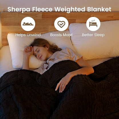 Sherpa Fleece Adult Weighted Blanket Great for Sleep, 15 lbs Dual Sided Soft Fuzzy Heavy Blankets for Couch Bed Sofa, Cozy Warm Fluffy Arched Jacquard Throw for Winter (Black, 48" x 72", 15 Pounds)