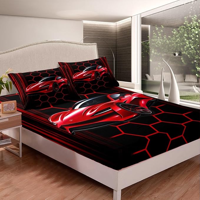 Red Sports Car Bedding Set Twin Size Neon Lines Honeycomb Geometric Bed Set for Teens Bedroom Decor Kids Sheet Microfiber Racing Car Bed Cover(1 Fitted Sheet+1 Pillow Case)