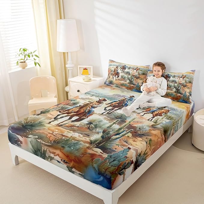 Manfei Western Cowboy Kids Sheet Twin Size,West Horse Desert Cactus Bedding Set, Vintage Tribal Retro Boys Girls Room Decor, Yellow Green Sheet(Fitted+Flat+1 Pillowcase)