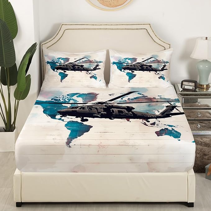 Helicopter Kids Fitted Sheet Twin Size,Tie-dye Graffiti Geometric Stripes Bedding Set,Boys Girls Room Decor,Airplane Aviation Aircraft Retro Bed Cover,Blue Beige Bed Sheet,1 Pillowcase(No Top Sheet)