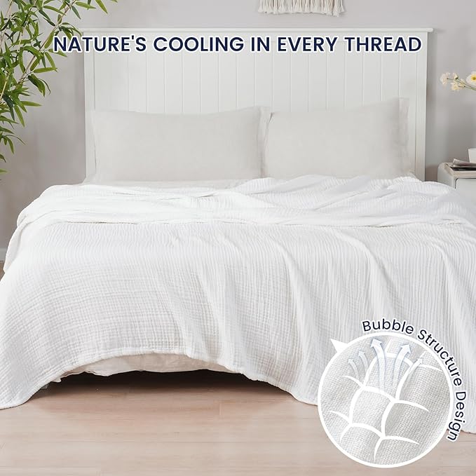 PHF Cooling Muslin Twin Blanket for Hot Sleepers, 60% Rayon Derived from Bamboo, 40% Cotton for Summer, 4-Layer Breathable Gauze Blanket for Bed Couch, 66"x90", White