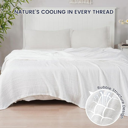 PHF Cooling Muslin Queen Blanket for Hot Sleepers, 60% Rayon Derived from Bamboo, 40% Cotton for Summer, 4-Layer Breathable Gauze Blanket for Bed Couch, 90"x90", White