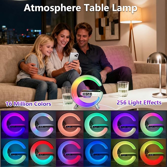 2026 New Wireless Speaker Charger, Smart Alarm Clock LED Table Lamp Bluetooth Speaker Atmosphere Bedside Light with Wireless Charging Station,Alarm Clock Music Lit Lamp Christmas Gift