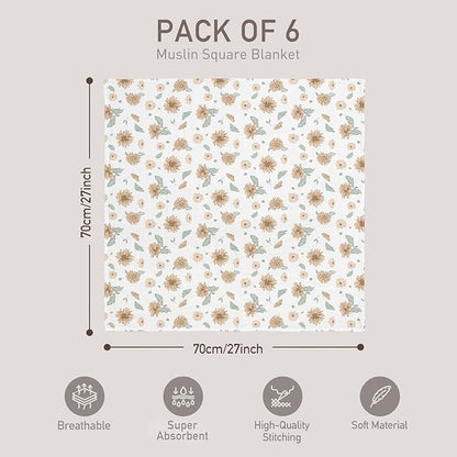 GLLQUEN BABY Receiving Blanket Boy Cotton Muslin Swaddle Blankets Girl Newborn Squares Breathable & Soft Thin Baby Blankets Cloths Double Absorbent Infant Swaddling Wrap - 6 Pack (Sunflower)