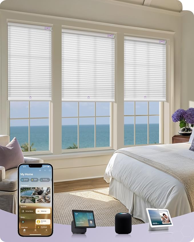 Graywind Motorized Matter Cellular Shades- 60% Blackout 1-3/4"Cell Honeycomb Blinds for Indoor Windows, Compatible with Alexa Google Siri, Custom Size,Pearl White
