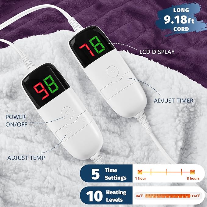 Heated Electric Blanket Queen Size - 84" x 90" Heating Blanket with Dual Control, 10 Heating Levels & 8 Hours Auto Off, Soft Warm Flannel Blanket, Christmas Birthday Gifts for Senior Grandma