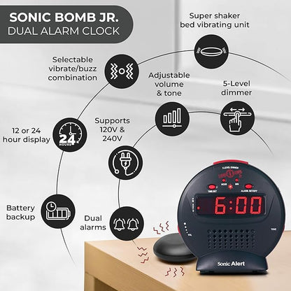 Sonic Alert Small Digital Alarm Clock with Battery Backup, Snooze, Full Range Brightness Dimmer, Outlet Powered Compact Clock for Bedrooms, Desk, Bedside, Simple to Operate (Black)