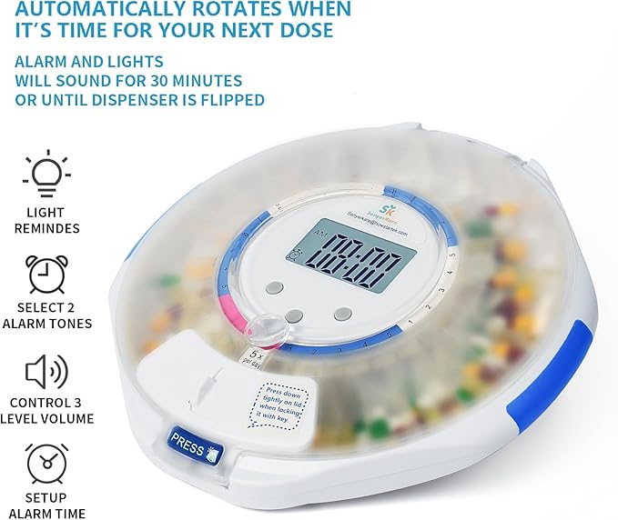 Bluetooth Automatic Pill Dispenser for Elderly, Key Lock Security, Sound & Light Alerts, 9 Dosage Templates, 28-Day Frosted Lid Medication Dispenser for Protecting Pills Privacy