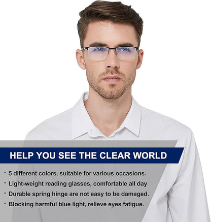 for Men Blue Light Blocking Reading Glasses, Half Frame Metal Readers with Spring Hinge, 3-Pack