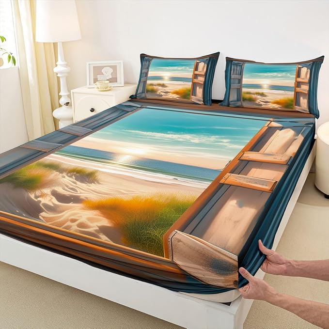 Beach Kids Twin Size Fitted Sheet,Sunrise Wooden Door Coastal Boys Girls Bed Sheets,Hawaii Seaside Seascape Room Decor,Brown Blue Bedding Set,1 Pillowcase(No Flat)