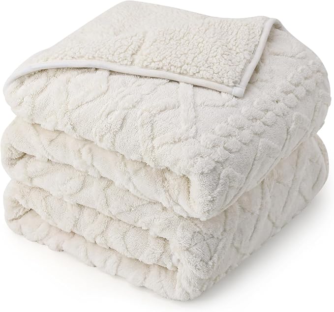 Drewin Weighted Blanket 15lbs Queen Size, Soft and Thick Jacquard Sherpa Heavy Blanket for Calming and Relax, Dual Sided Ultra Soft Fuzzy Throw Blanket with Ceramic Beads, 60 x 80 inches, Cream White
