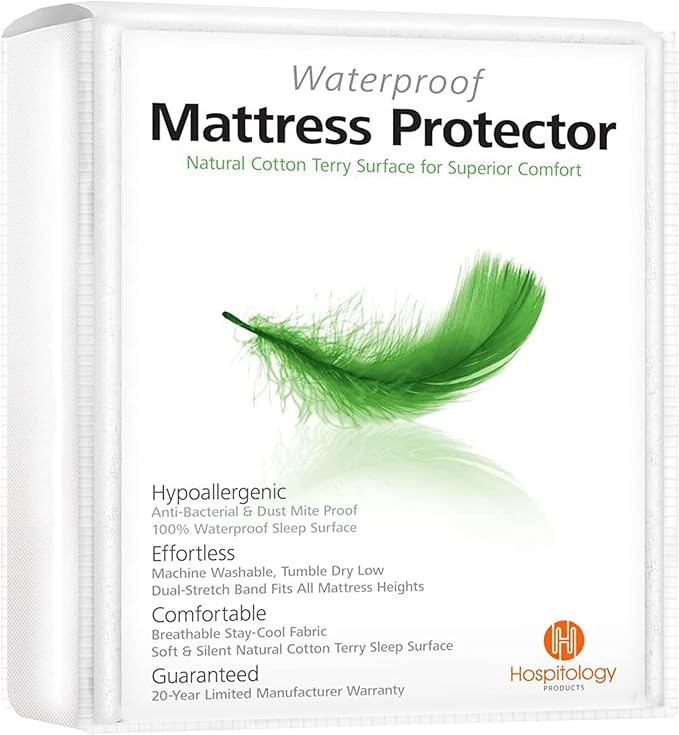 HOSPITOLOGY PRODUCTS Full Mattress Protector Hypoallergenic Natural Cotton - Waterproof - Fitted Cover - Machine Washable - 54" W x 75" L