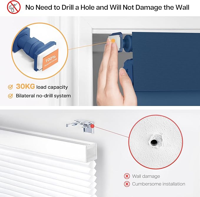 LazBlinds No Drill Blinds for Indoor Windows, Blackout Roller Shades, Cordless Window Blackout Blinds, Thermal Insulated Fabric UV Protection for Home and Office, 46" W x 72" H, Navy Blue